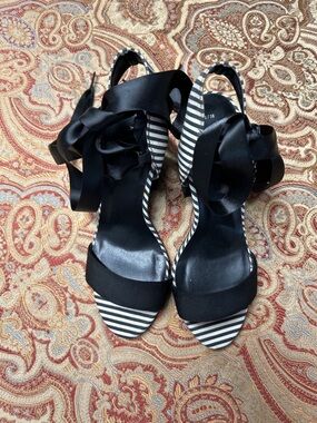 New Look Black Ribbon Strappy Heels with Striped Footbed